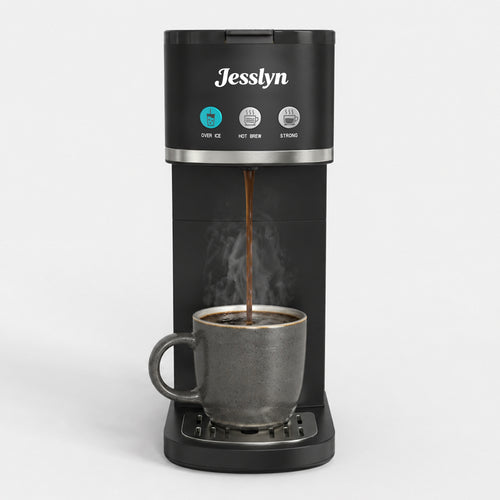Jesslyn Single Serve Hot and Iced Coffee Maker, Compatible with Multiple Coffee Pods & Ground, Fits Tall Mugs, Over Ice & Strong Brew Function, for Home Office Travel RV Dorm, Classic Black