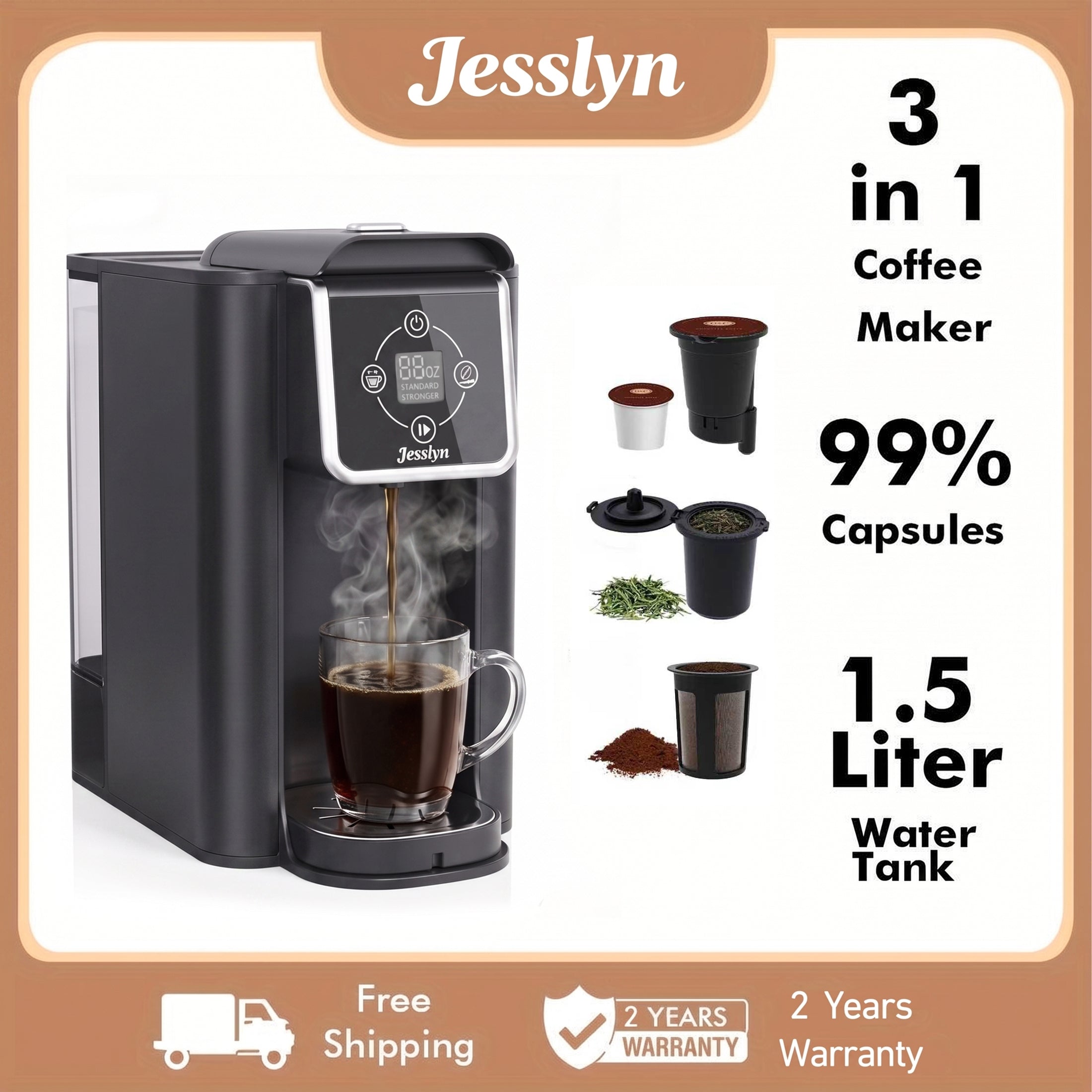Jesslyn Coffee Maker 3 in 1 Single Serve Coffee Machine, Compatible with K cup Capsules, Instant Coffee Pot, Tea maker, 6,8,10 Oz Cup, Removable 50 Oz Water Reservoir, 120V 1150W, Metallic Black