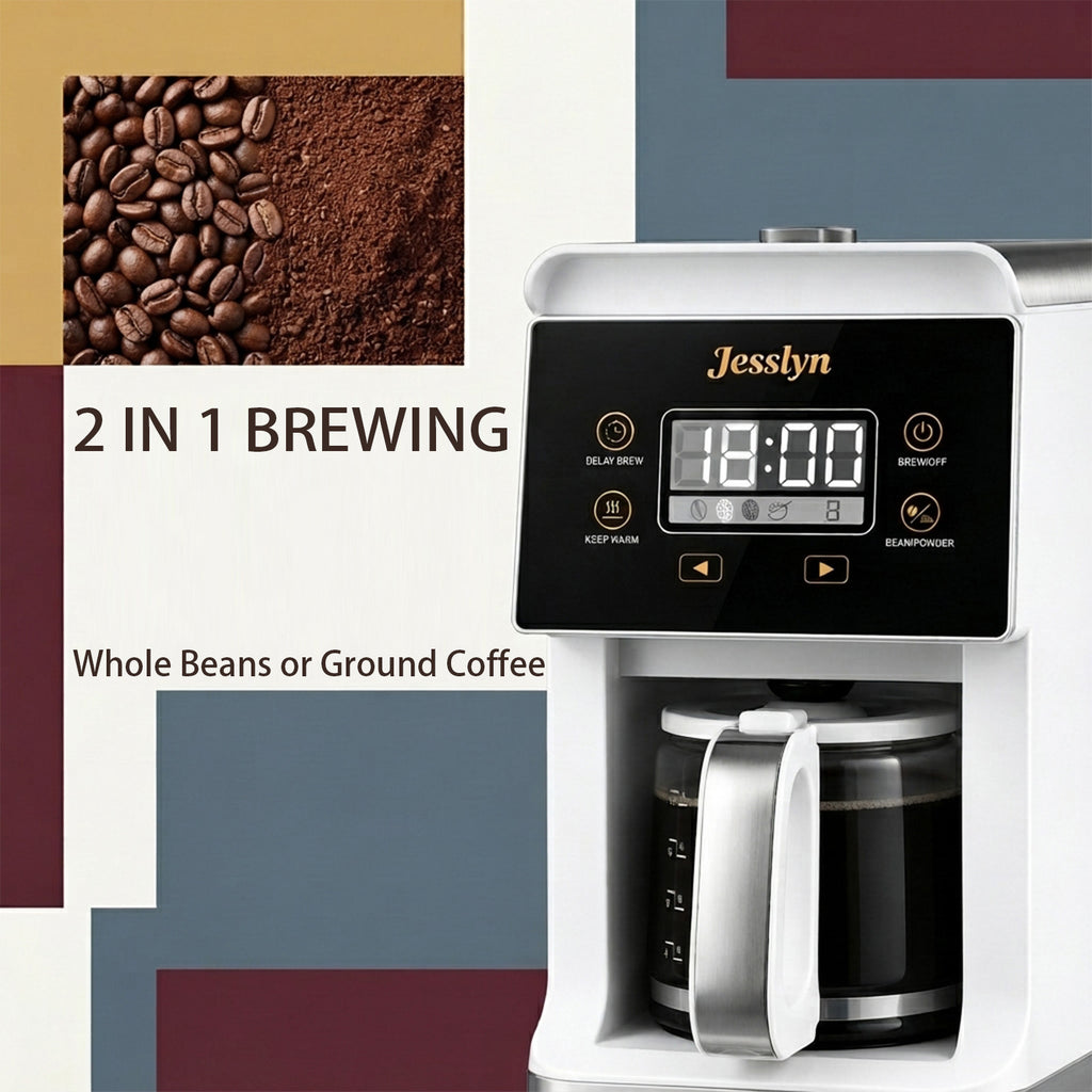 Jesslyn Grind and Brew Coffee Maker with Built-In Grinder, 5-Cup Programmable Drip Coffee Machine for Fresh Ground Coffee or Ground Beans,Compact Coffee Maker for Home Office,White
