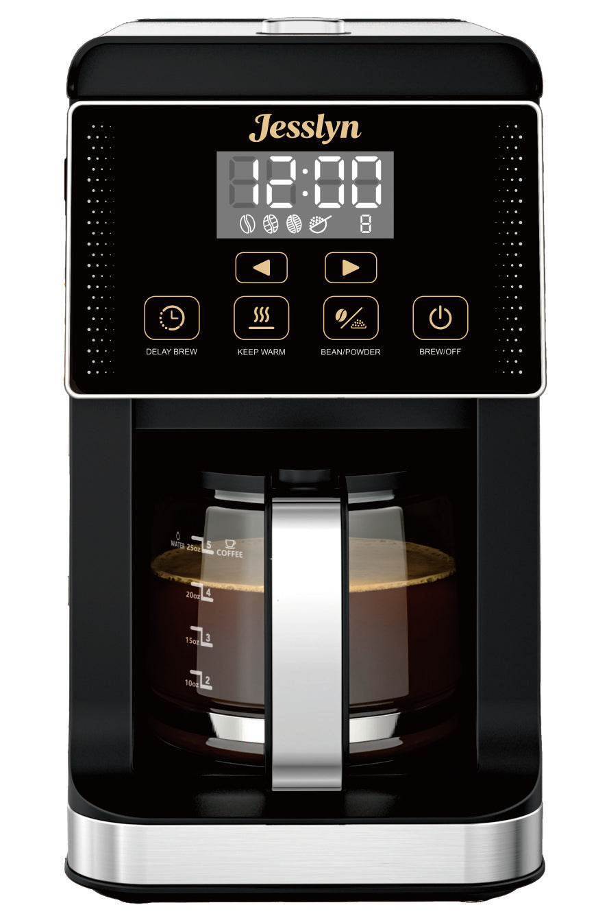 Jesslyn Grind & Brew Coffee Maker with Built-In Grinder 5-Cup | Drip Coffee Machine with 24H Programmable Timer, 3 Grind Settings, Fresh Ground Coffee Maker for Home & Office