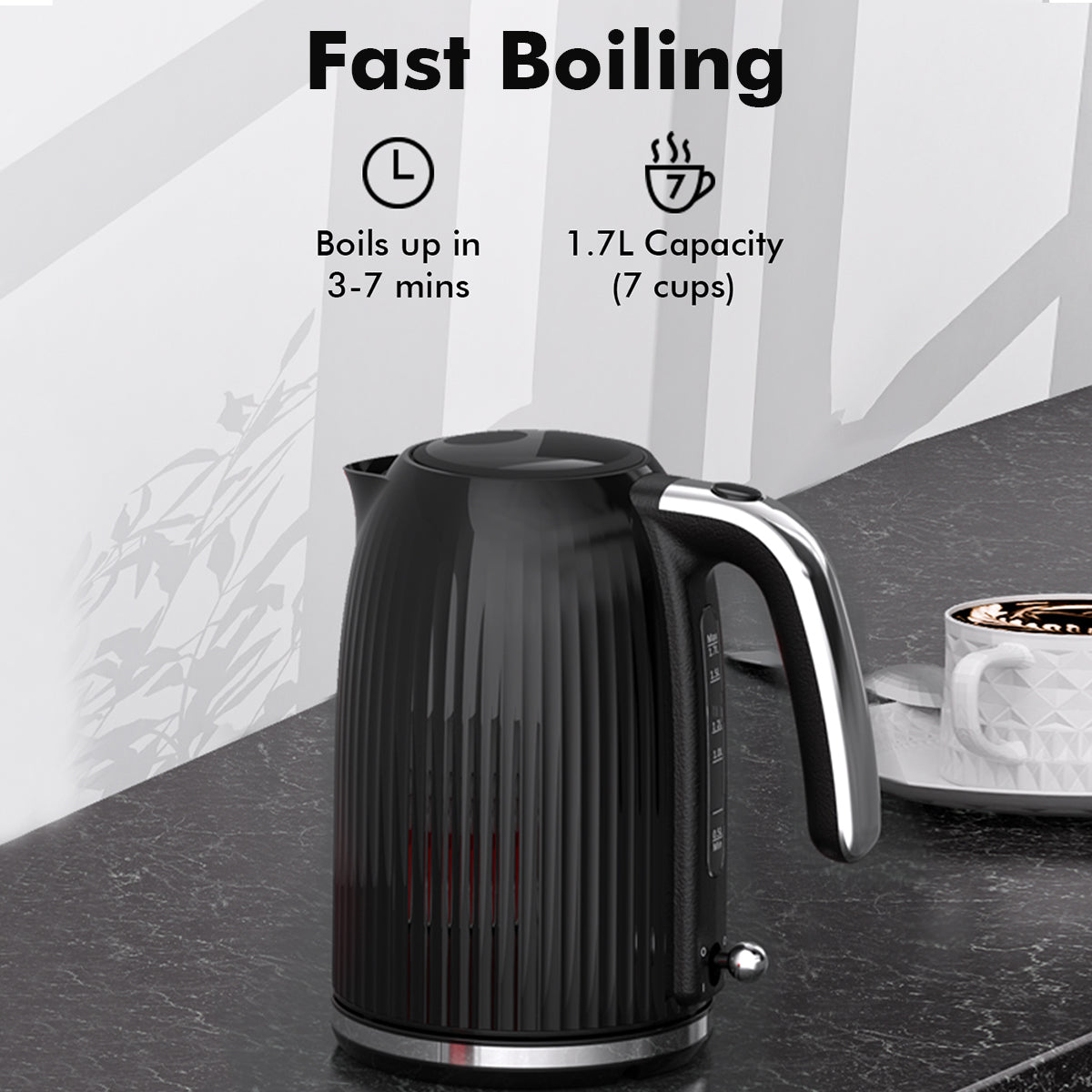 1.7L Electric Kettle 1500W Fast Boiling Stainless Steel Tea Kettle Retro Black