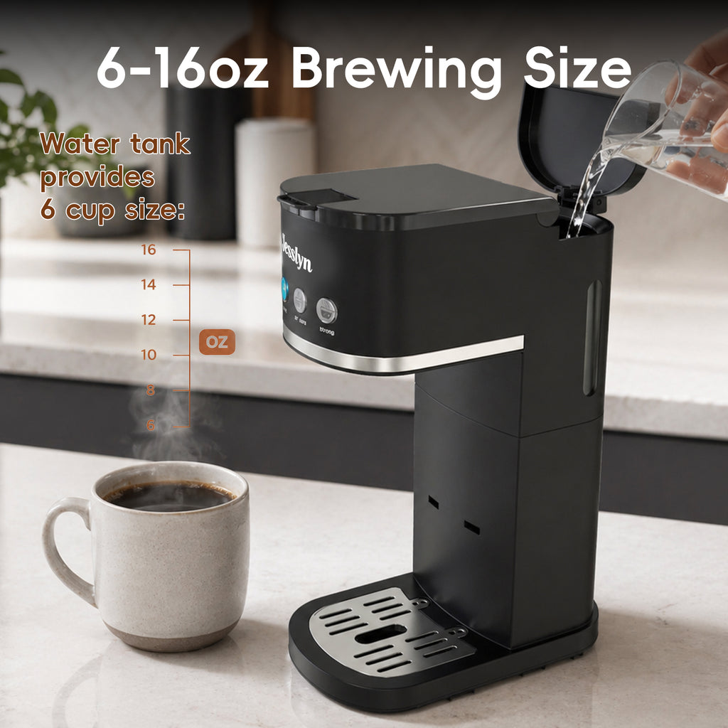 Jesslyn Single Serve Hot and Iced Coffee Maker, Compatible with Multiple Coffee Pods & Ground, Fits Tall Mugs, Over Ice & Strong Brew Function, for Home Office Travel RV Dorm, Classic Black