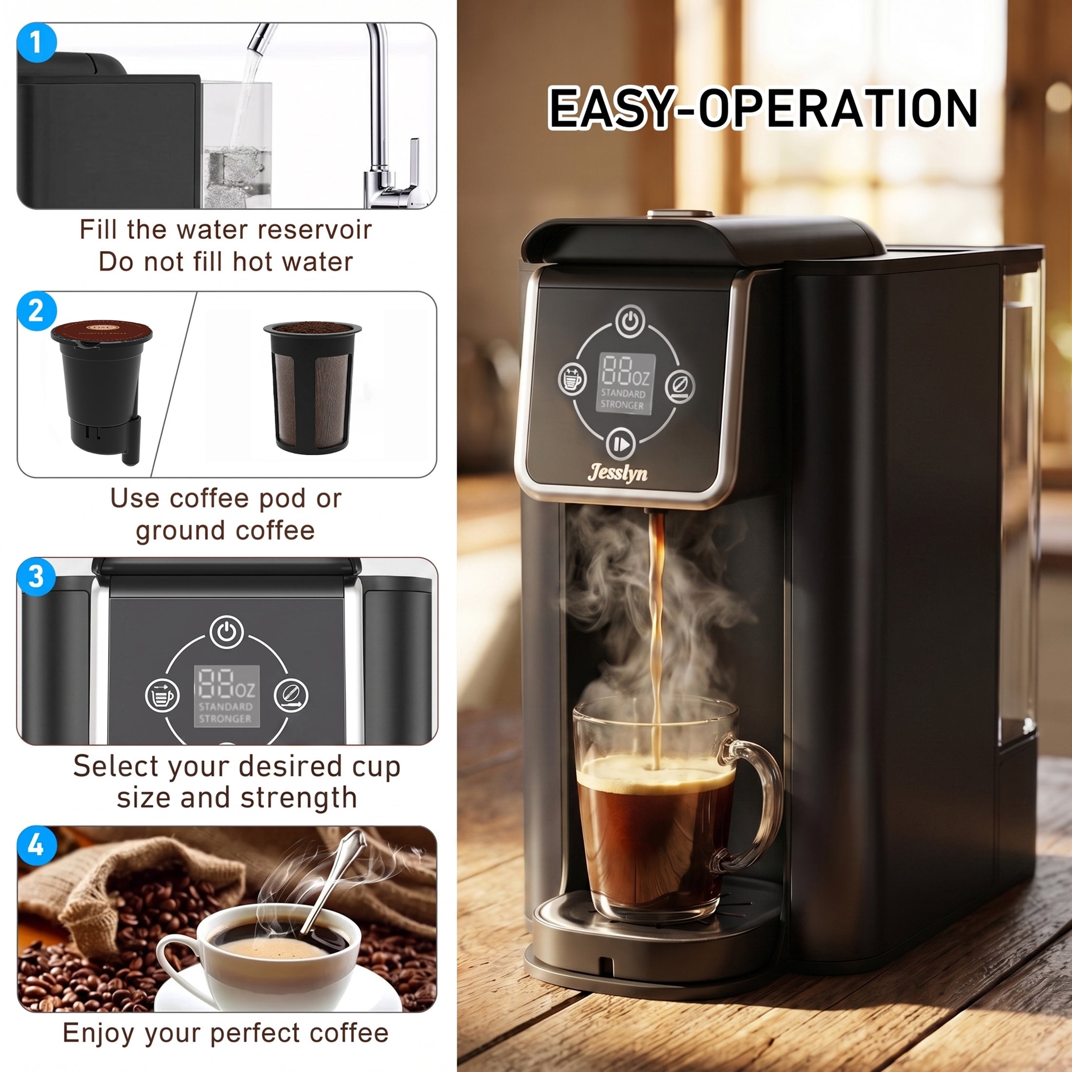 Jesslyn Coffee Maker 3 in 1 Single Serve Coffee Machine, Compatible with K cup Capsules, Instant Coffee Pot, Tea maker, 6,8,10 Oz Cup, Removable 50 Oz Water Reservoir, 120V 1150W, Metallic Black