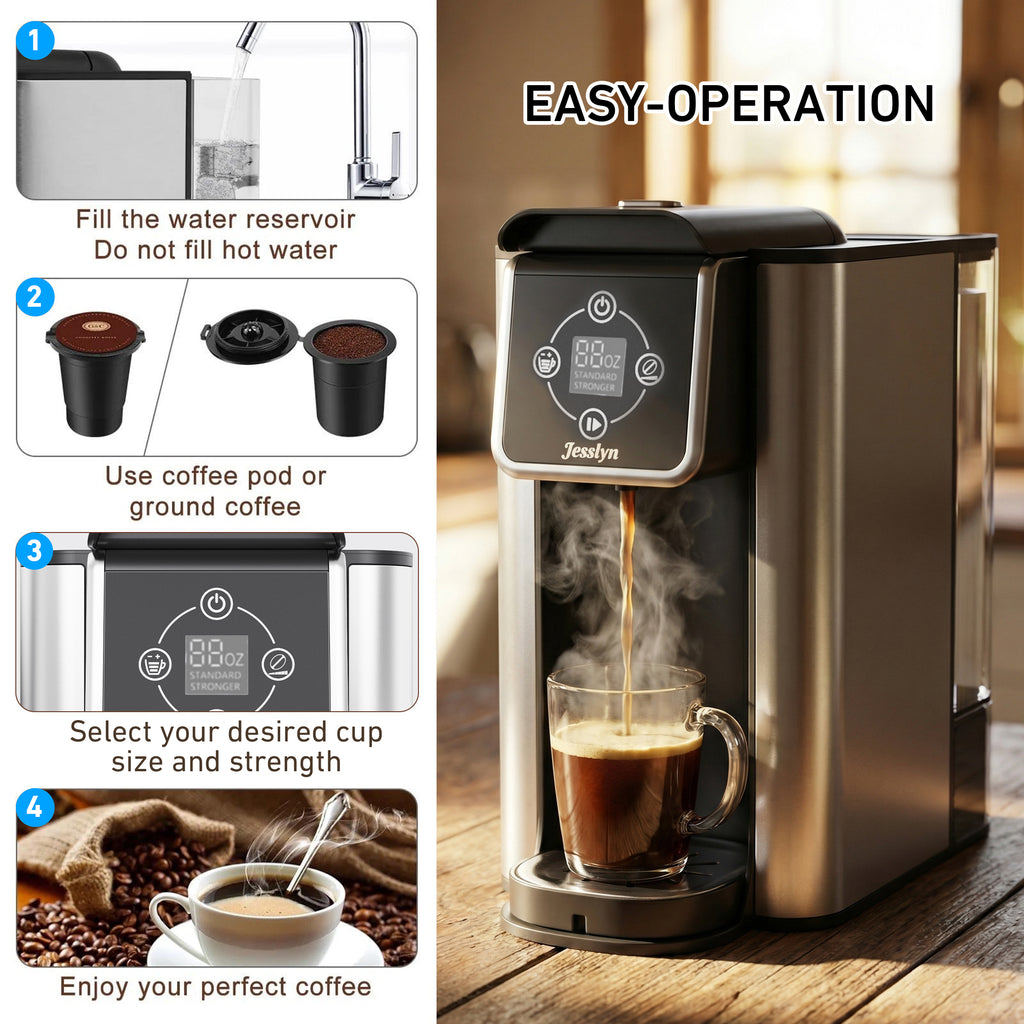 Jesslyn 3 in 1 Single Serve Coffee Maker: Coffee Machine Compatible with K Cup Capsules & Grounds, Instant Coffee Pot, Tea Maker Brewer - Removable 50 oz Water Reservoir, 120V 1150W, Black