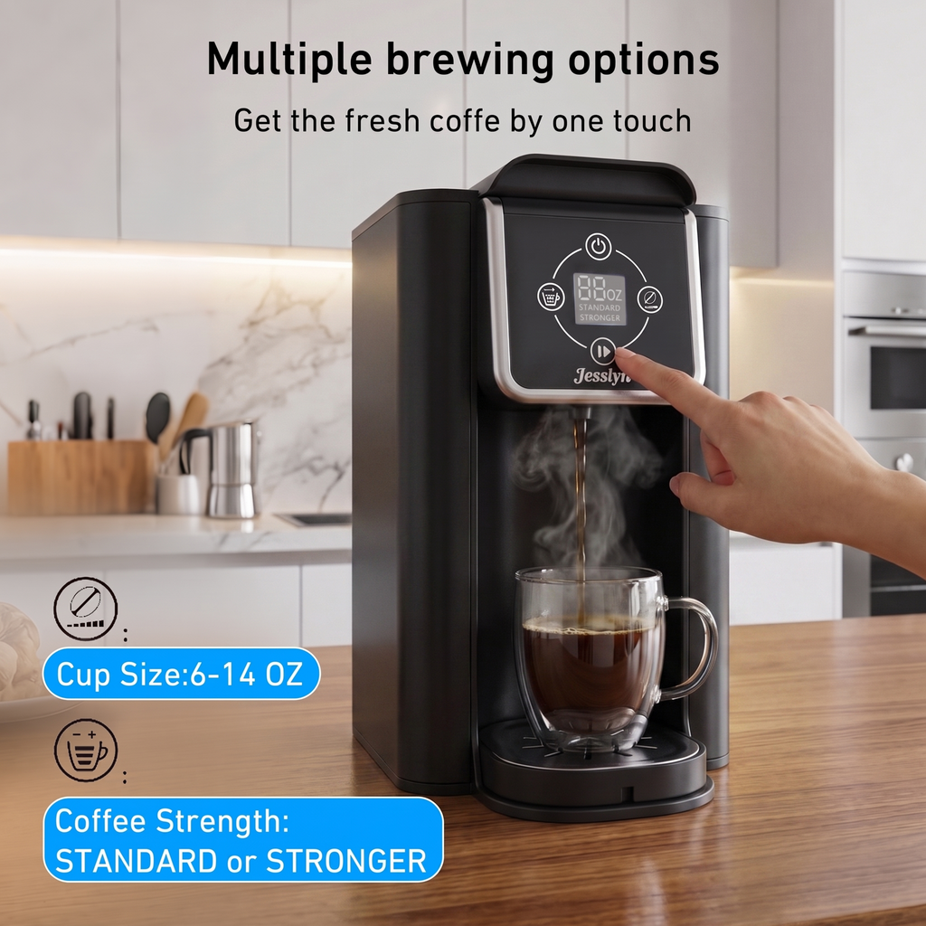 Jesslyn Coffee Maker 3 in 1 Single Serve Coffee Machine, Compatible with K cup Capsules, Instant Coffee Pot, Tea maker, 6,8,10 Oz Cup, Removable 50 Oz Water Reservoir, 120V 1150W, Metallic Black