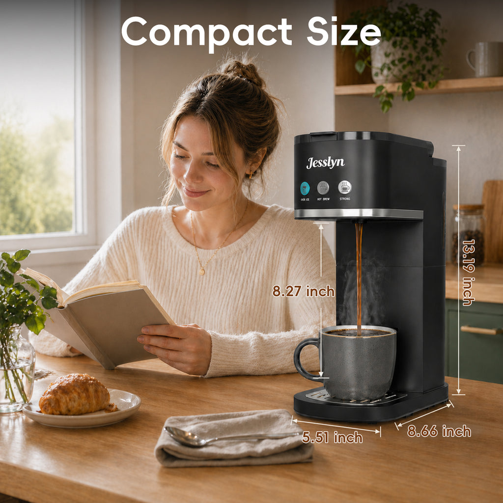 Jesslyn Single Serve Hot and Iced Coffee Maker, Compatible with Multiple Coffee Pods & Ground, Fits Tall Mugs, Over Ice & Strong Brew Function, for Home Office Travel RV Dorm, Classic Black