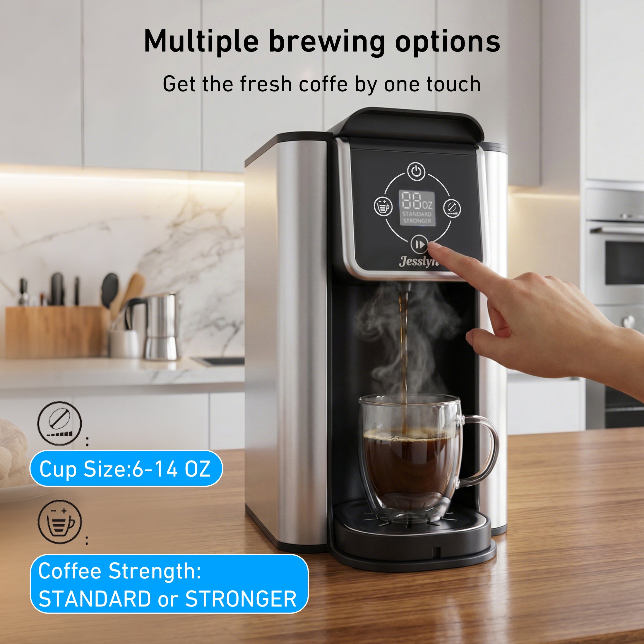 Jesslyn 3 in 1 Single Serve Coffee Maker: Coffee Machine Compatible with K Cup Capsules & Grounds, Instant Coffee Pot, Tea Maker Brewer - Removable 50 oz Water Reservoir, 120V 1150W, Black
