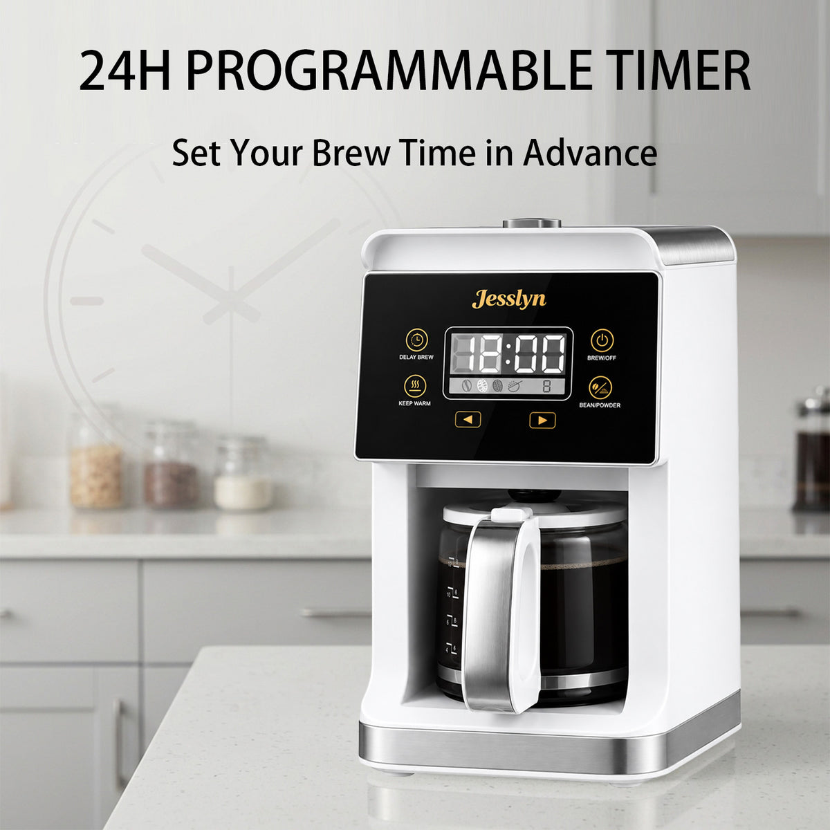 Jesslyn Grind and Brew Coffee Maker with Built-In Grinder, 5-Cup Programmable Drip Coffee Machine for Fresh Ground Coffee or Ground Beans,Compact Coffee Maker for Home Office,White