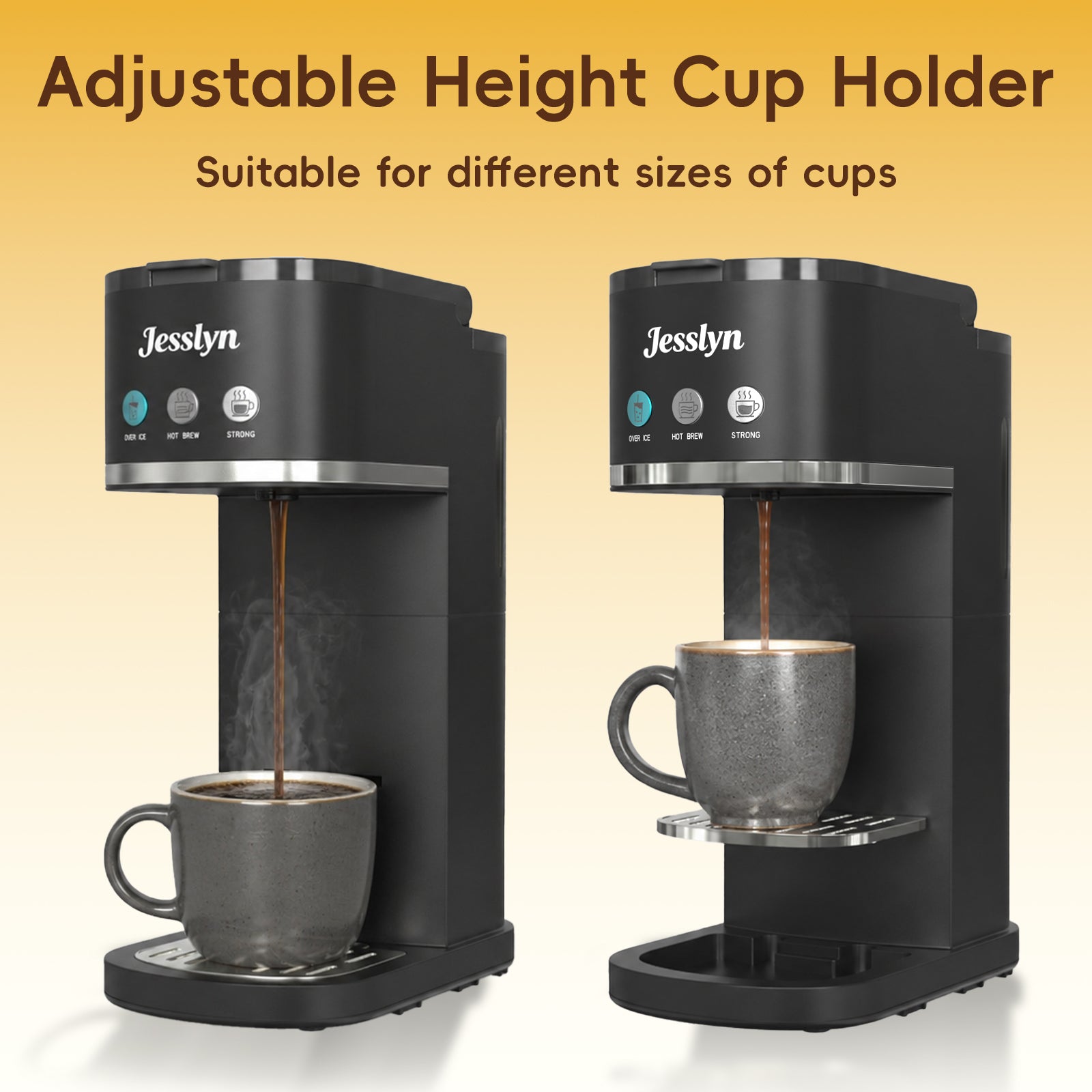 Jesslyn Single Serve Hot and Iced Coffee Maker, Compatible with Multiple Coffee Pods & Ground, Fits Tall Mugs, Over Ice & Strong Brew Function, for Home Office Travel RV Dorm, Classic Black