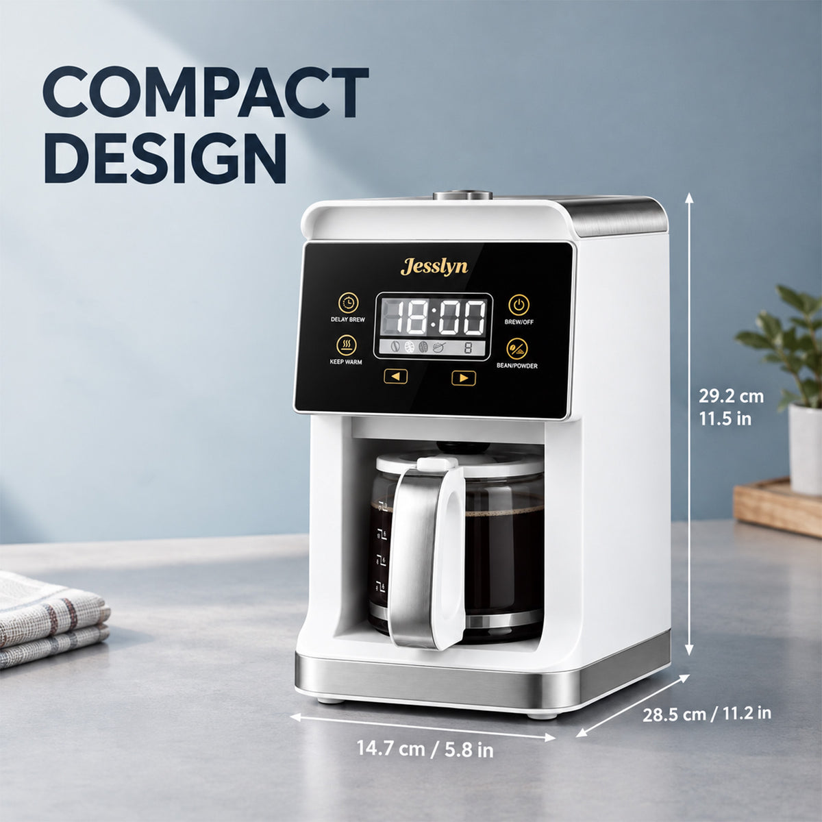 Jesslyn Grind and Brew Coffee Maker with Built-In Grinder, 5-Cup Programmable Drip Coffee Machine for Fresh Ground Coffee or Ground Beans,Compact Coffee Maker for Home Office,White