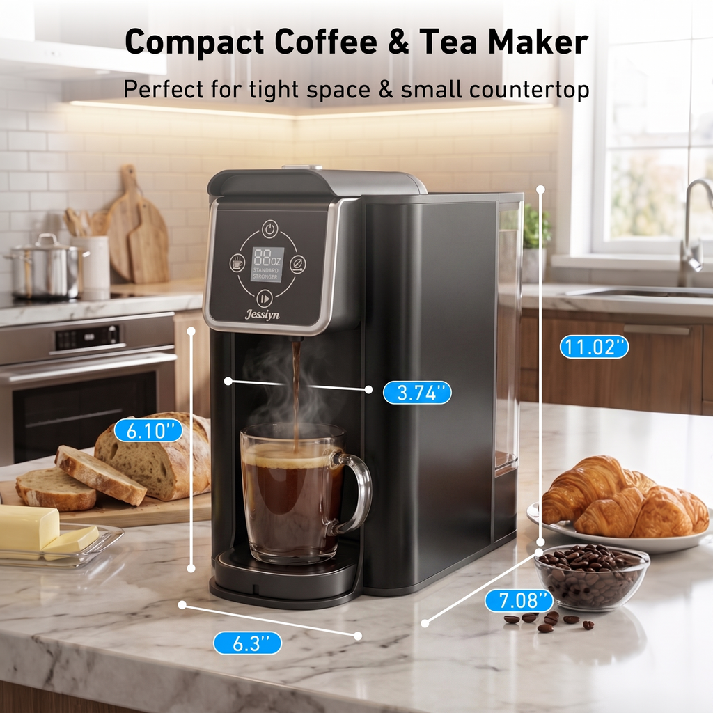 Jesslyn Coffee Maker 3 in 1 Single Serve Coffee Machine, Compatible with K cup Capsules, Instant Coffee Pot, Tea maker, 6,8,10 Oz Cup, Removable 50 Oz Water Reservoir, 120V 1150W, Metallic Black