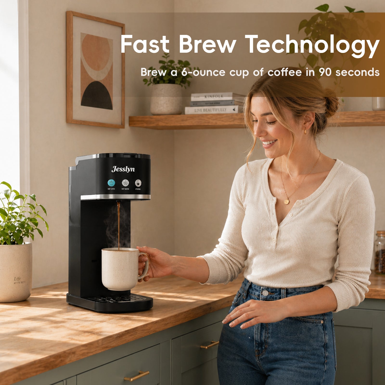 Jesslyn Single Serve Hot and Iced Coffee Maker, Compatible with Multiple Coffee Pods & Ground, Fits Tall Mugs, Over Ice & Strong Brew Function, for Home Office Travel RV Dorm, Classic Black