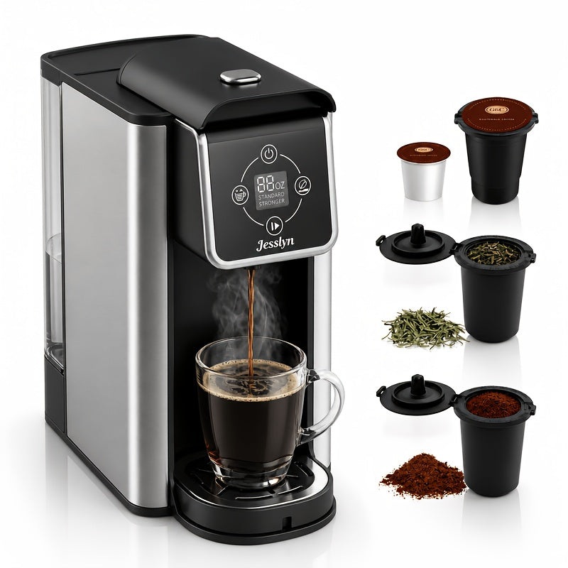 Jesslyn 3 in 1 Single Serve Coffee Maker, K Cup Pod & Ground Coffee Machine with Loose Leaf Tea Filter, 52 oz Removable Reservoir, 6-14 oz Brew Sizes, Bold Brew, Auto Clean, Silver