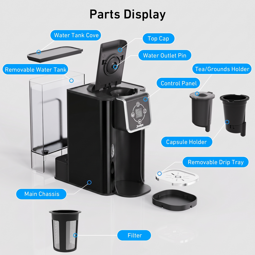 Jesslyn Coffee Maker 3 in 1 Single Serve Coffee Machine, Compatible with K cup Capsules, Instant Coffee Pot, Tea maker, 6,8,10 Oz Cup, Removable 50 Oz Water Reservoir, 120V 1150W, Metallic Black