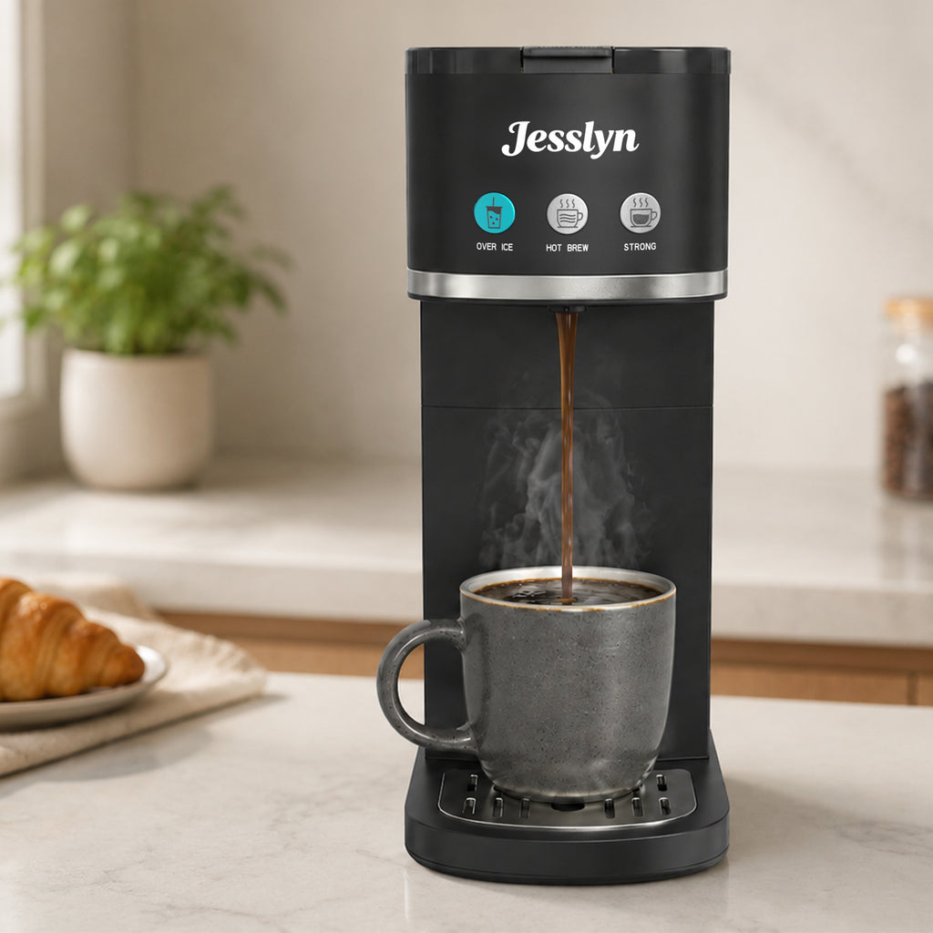 Jesslyn Single Serve Hot and Iced Coffee Maker, Compatible with Multiple Coffee Pods & Ground, Fits Tall Mugs, Over Ice & Strong Brew Function, for Home Office Travel RV Dorm, Classic Black