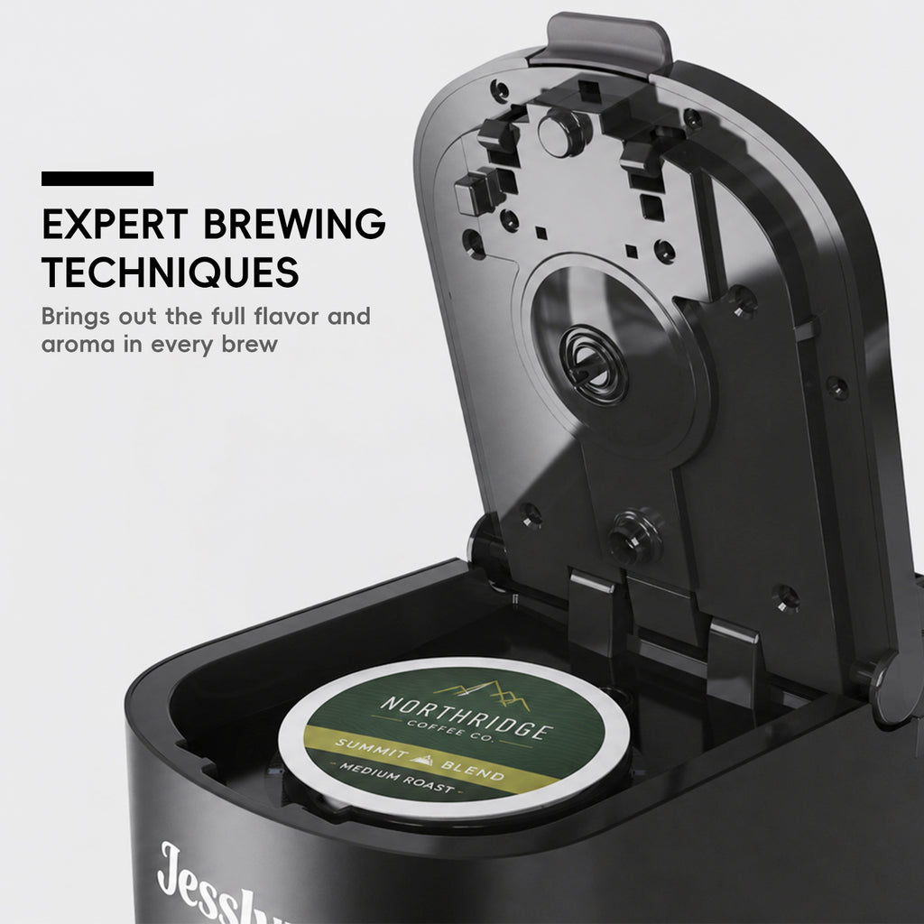 Jesslyn Single Serve Hot and Iced Coffee Maker, Compatible with Multiple Coffee Pods & Ground, Fits Tall Mugs, Over Ice & Strong Brew Function, for Home Office Travel RV Dorm, Classic Black