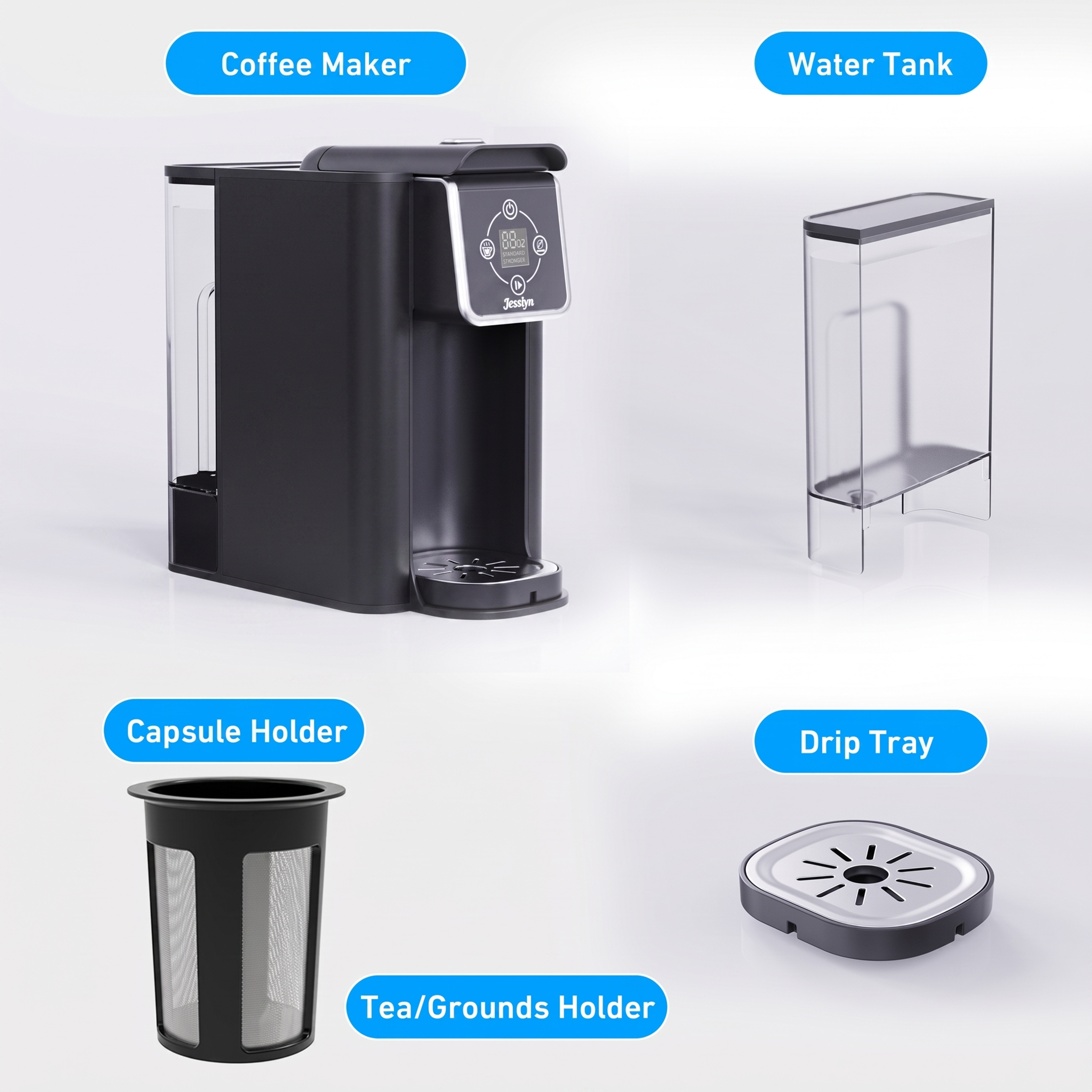 Jesslyn Coffee Maker 3 in 1 Single Serve Coffee Machine, Compatible with K cup Capsules, Instant Coffee Pot, Tea maker, 6,8,10 Oz Cup, Removable 50 Oz Water Reservoir, 120V 1150W, Metallic Black