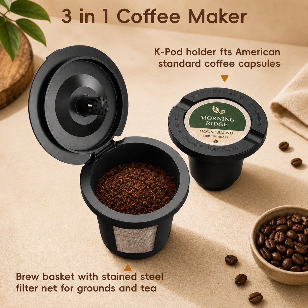Jesslyn Single Serve Hot and Iced Coffee Maker, Compatible with Multiple Coffee Pods & Ground, Fits Tall Mugs, Over Ice & Strong Brew Function, for Home Office Travel RV Dorm, Classic Black