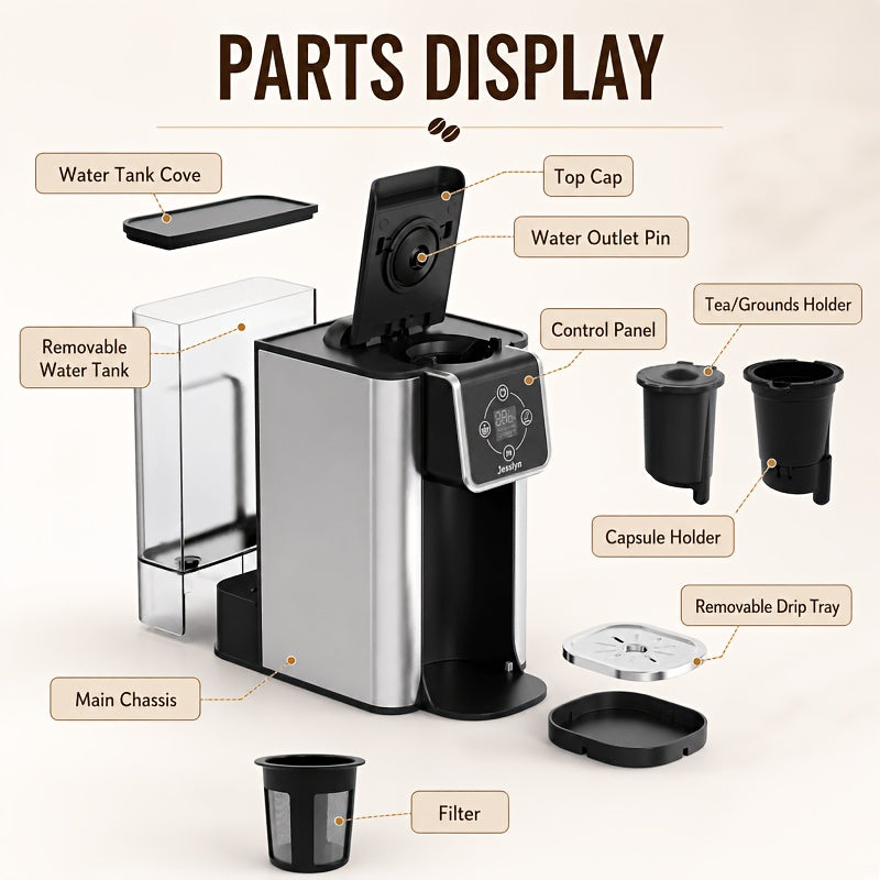 Jesslyn 3 in 1 Single Serve Coffee Maker, K Cup Pod & Ground Coffee Machine with Loose Leaf Tea Filter, 52 oz Removable Reservoir, 6-14 oz Brew Sizes, Bold Brew, Auto Clean, Silver