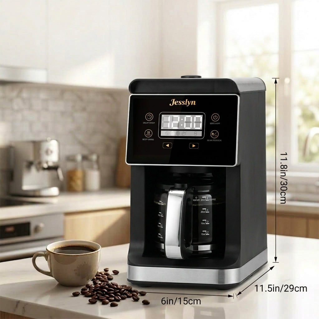 Jesslyn Grind & Brew Coffee Maker with Built-In Grinder 5-Cup | Drip Coffee Machine with 24H Programmable Timer, 3 Grind Settings, Fresh Ground Coffee Maker for Home & Office