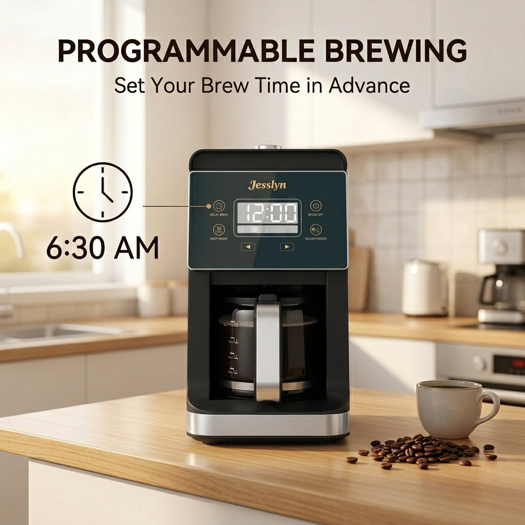 Jesslyn Grind & Brew Coffee Maker with Built-In Grinder 5-Cup | Drip Coffee Machine with 24H Programmable Timer, 3 Grind Settings, Fresh Ground Coffee Maker for Home & Office