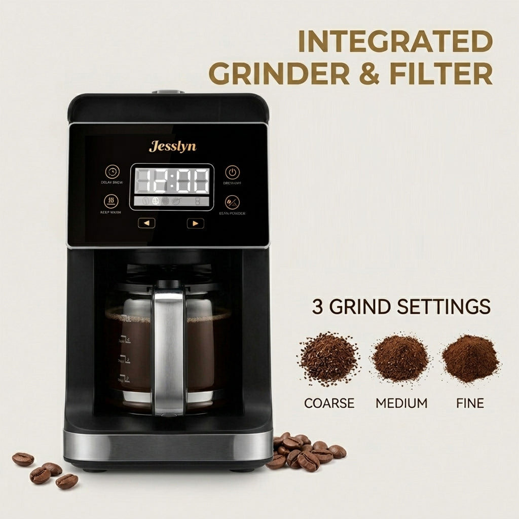 Jesslyn Grind & Brew Coffee Maker with Built-In Grinder 5-Cup | Drip Coffee Machine with 24H Programmable Timer, 3 Grind Settings, Fresh Ground Coffee Maker for Home & Office