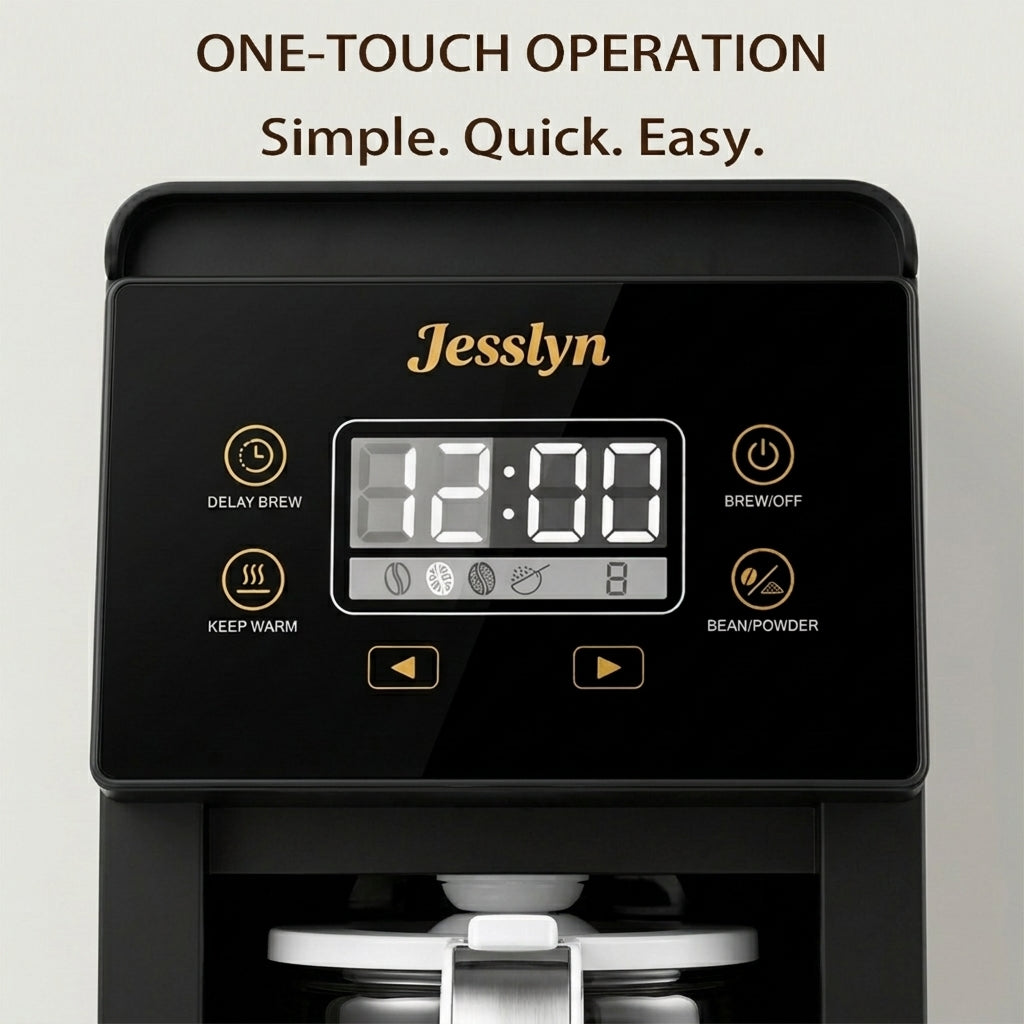 Jesslyn Grind & Brew Coffee Maker with Built-In Grinder 5-Cup | Drip Coffee Machine with 24H Programmable Timer, 3 Grind Settings, Fresh Ground Coffee Maker for Home & Office